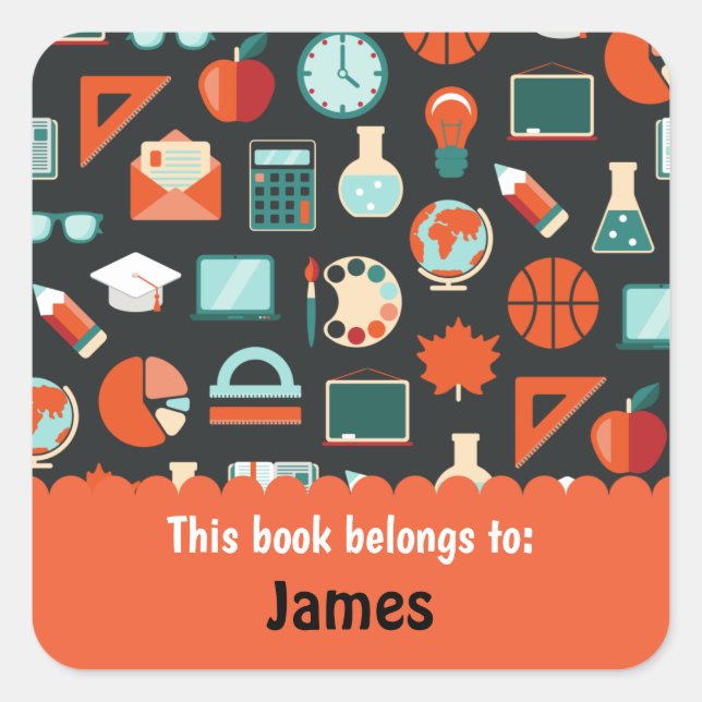 Retro Green Orange School Supplies Personalised Square Sticker (Front)