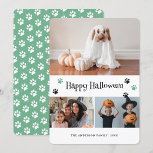 Retro Green Paw Print Pet Photo Halloween Card