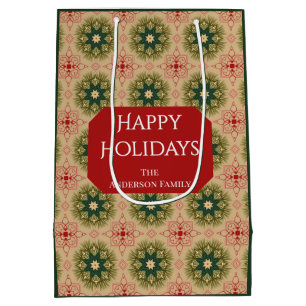 Retro Green Pine Star Red Lace Design Holiday Medium Gift Bag