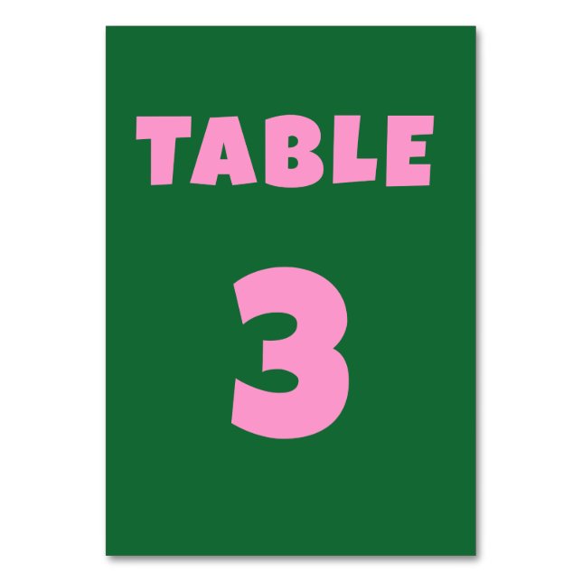 Retro green pink Bold Wedding Table Number (Front)
