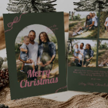Retro Green & Pink Bow Arch Photo Christmas
