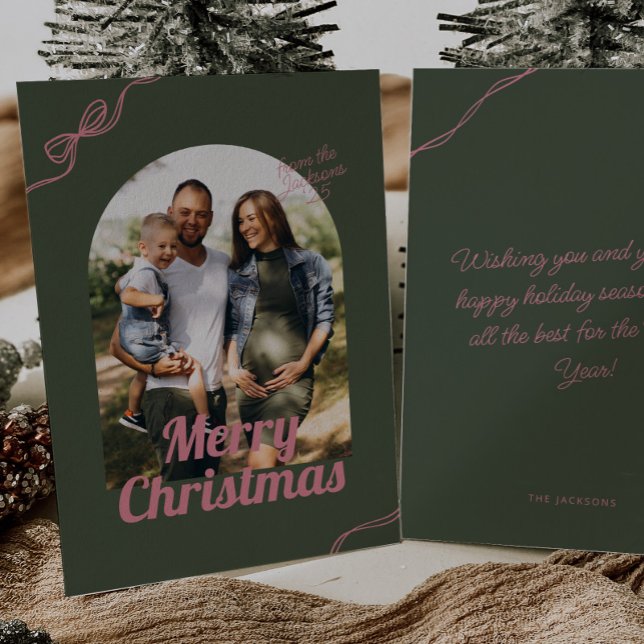 Retro Green & Pink Bow Arch Photo Christmas Holiday Card (Creator Uploaded)