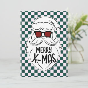 Retro Green Pink Checkered Santa Claus Christmas Holiday Card