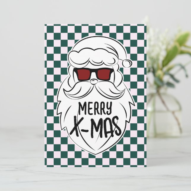 Retro Green Pink Checkered Santa Claus Christmas  Holiday Card (Standing Front)