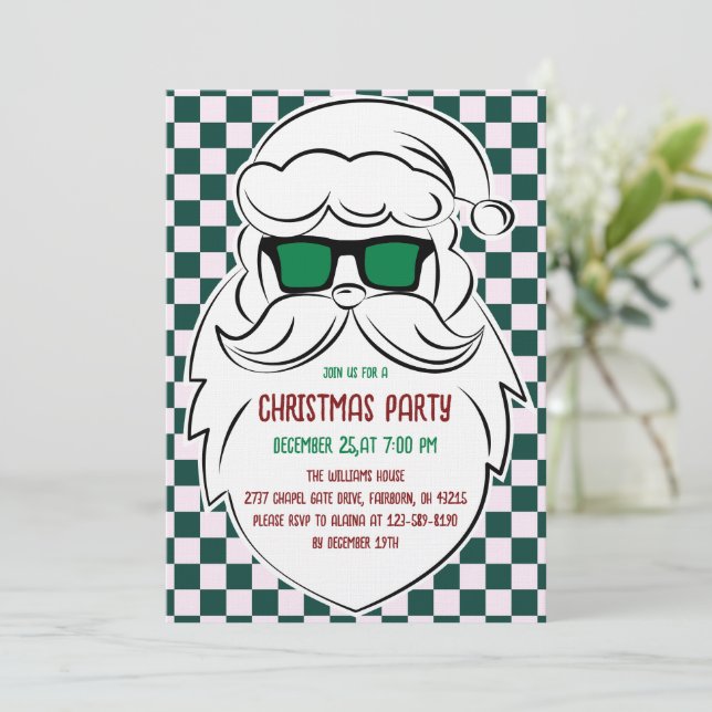 Retro Green Pink Checkered Santa Claus Christmas  Invitation (Standing Front)