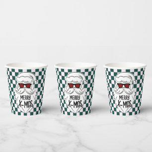 Retro Green Pink Checkered Santa Claus Christmas Paper Cups