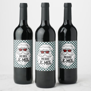 Retro Green Pink Checkered Santa Claus Christmas Wine Label