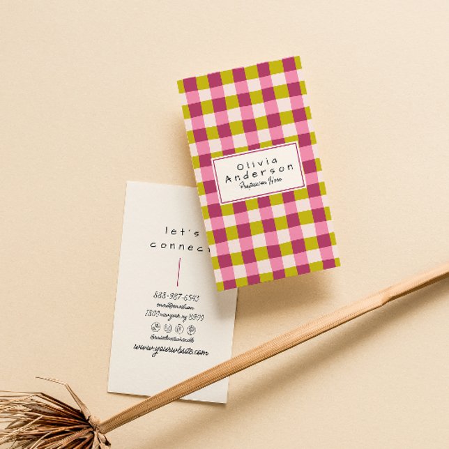 Retro Green Pink Chequered Gingham Boho Girly Fun Business Card (Creator Uploaded)