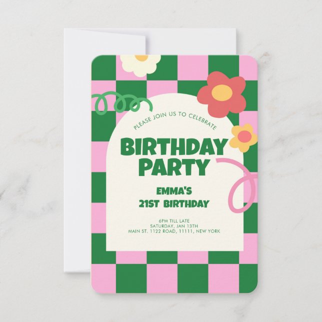 Retro Green Pink Chequered Pattern Birthday Party Invitation (Front)