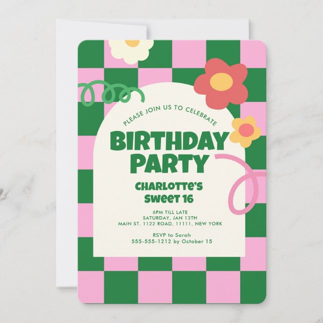 Retro Green Pink Chequered Sweet 16 Birthday Party Invitation (Front)