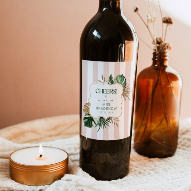 Retro green pink stripes tropical chic bridal wine label (Creator Uploaded)