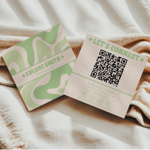 Retro Green QR Code 70s Boho Groovy Unique Trendy Square Business Card
