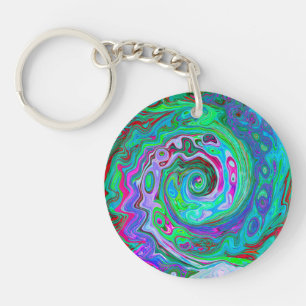 Retro Green, Red and Magenta Abstract Groovy Swirl Key Ring