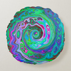 Retro Green, Red and Magenta Abstract Groovy Swirl Round Cushion