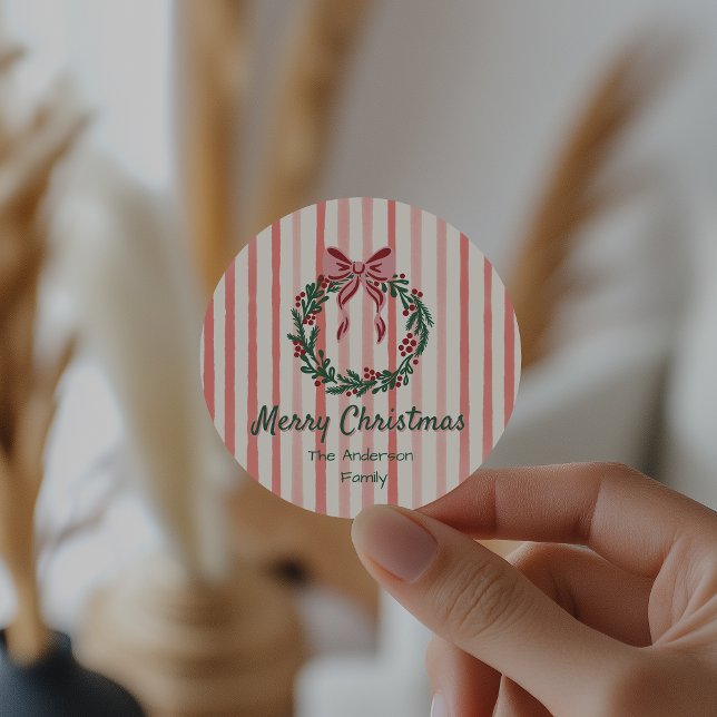 Retro Green Red Hand Drawn Bow Wreath Christmas Classic Round Sticker (Creator Uploaded)