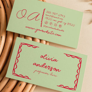 Retro Green Red Hand Written Drawn Boho Girly Busi Business Card
