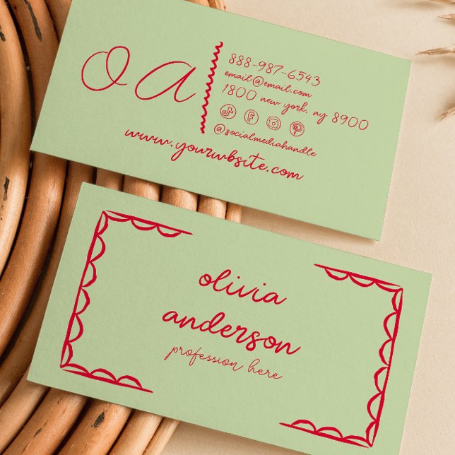Retro Green Red Hand Written Drawn Boho Girly Busi Business Card (Creator Uploaded)