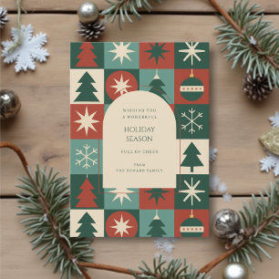 Retro Green Red Mid Mod Chequered Holiday Card