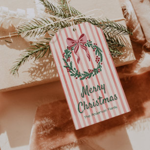 Retro Green Red Pink Drawn Bow Wreath  Christmas Gift Tags