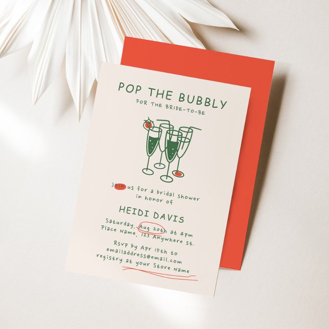 Retro Green & Red Pop The Bubbly Bridal Shower Invitation (Retro Green & Red Pop The Bubbly Bridal Shower Invitation)
