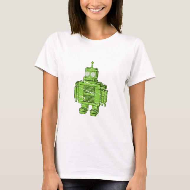 Retro Green Robot with Scratches T-Shirt (Front)
