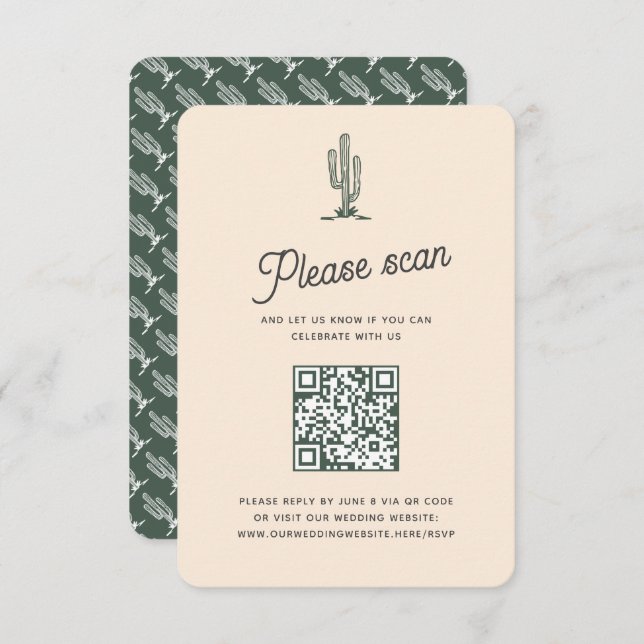 Retro Green Saguaro Cacti Desert Wedding QR Code RSVP Card (Front/Back)
