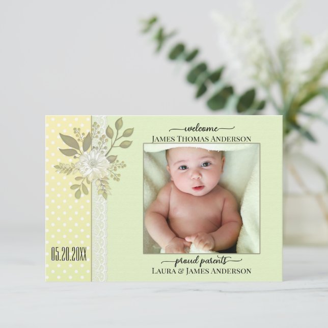 Retro Green Script Baby Photo Birth Announcement (Standing Front)