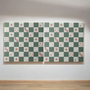 Retro Green Starburst Chequered Mid Century Modern Tile