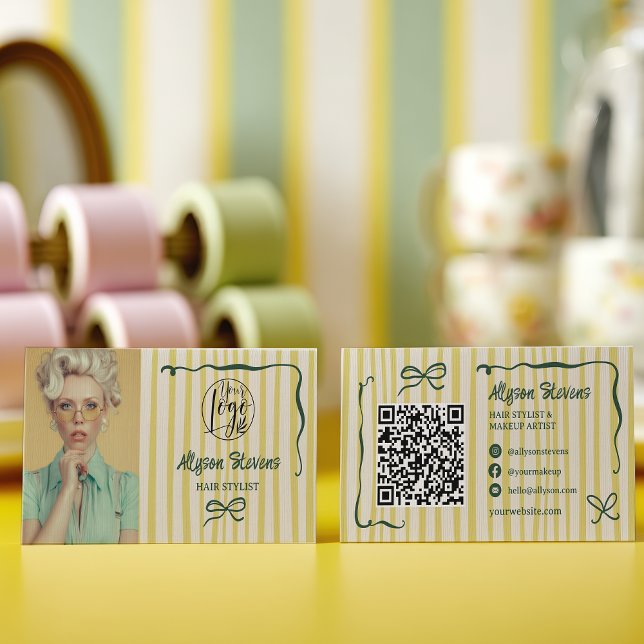 Retro Green Striped Quirky Hair photo qr code Logo Business Card (Retro Green Striped Quirky Hair photo qr code Logo Business Card)