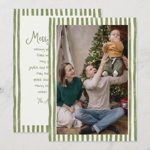 Retro Green Stripes Frame Photo Christmas Holiday Card