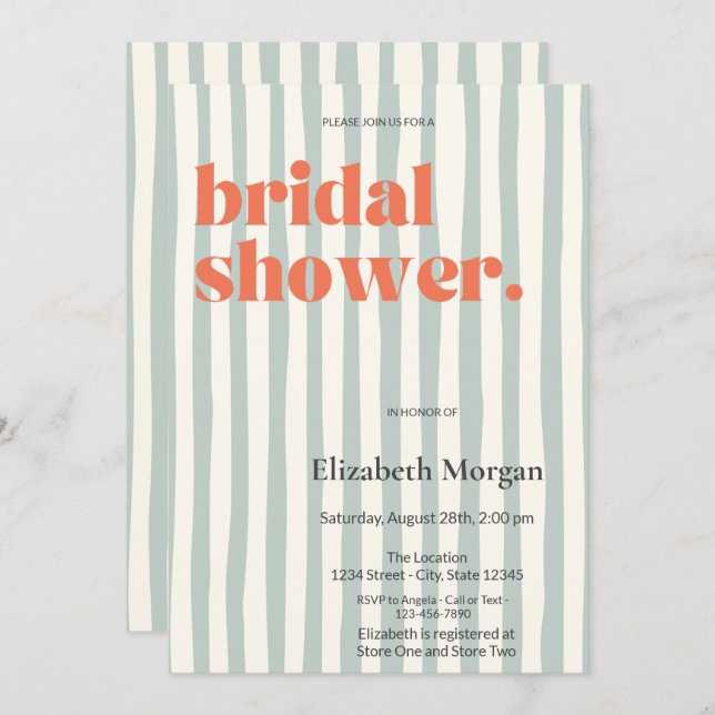 Retro Green Stripes Simple Bridal Shower Invitation (Front/Back)