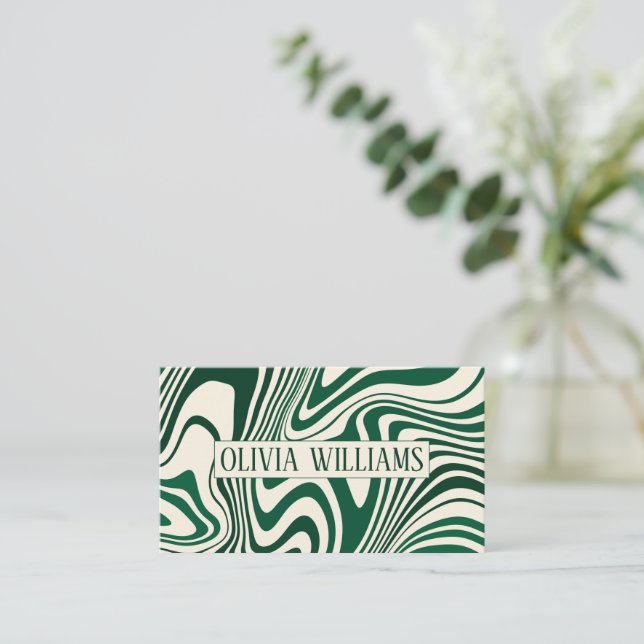 Retro Green Swirl Abstract Pattern Business Card (Standing Front)