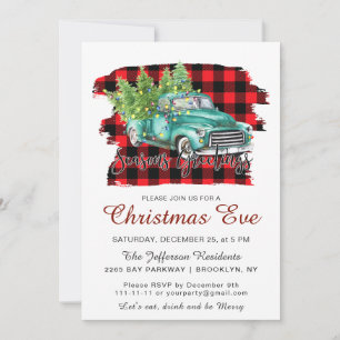 Retro Green Truck Buffalo Plaid Christmas EVE Invitation