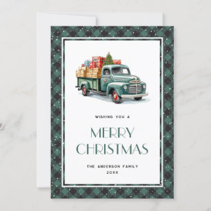 Retro Green Truck Snowy Plaid Merry Christmas Card