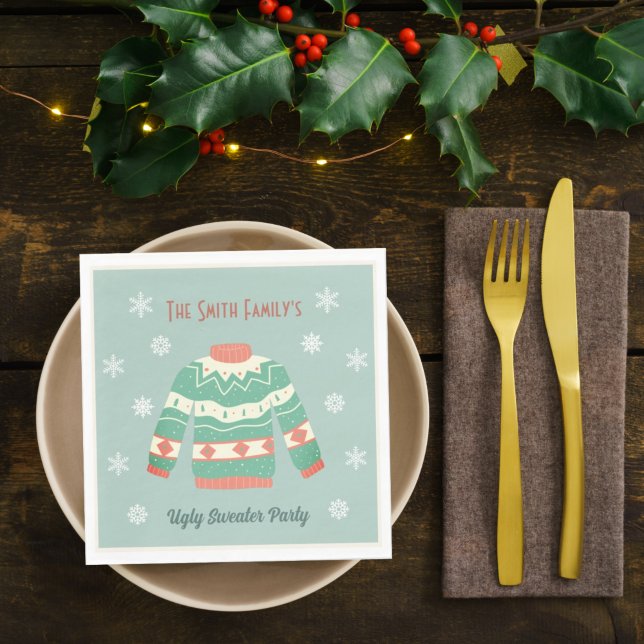 Retro Green Ugly Christmas Sweater Party Snowflake Napkin (Creator Uploaded)