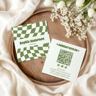 Retro Green Wavy Chequerboard with QR Code Square Business Card