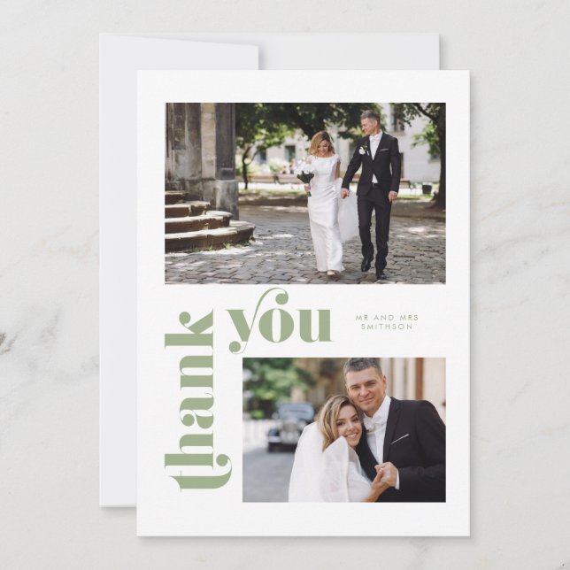 Retro Green Wedding Thank You Card (Front)