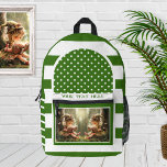 Retro Green White Striped Artistic Photo Printed Backpack<br><div class="desc">Green and white backpack featuring a retro striped design with polka dots and your custom photo (optional; you can also leave the fairy girls reading a book,  if you like). Beautiful for travel or school.</div>