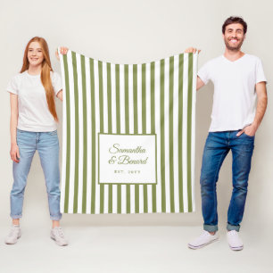 Retro Green White Stripes Personalised Wedding Fleece Blanket