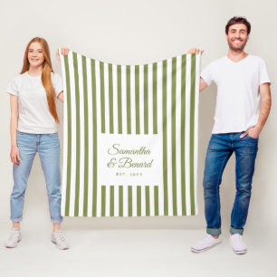 Retro Green White Stripes Personalised Wedding Fleece Blanket