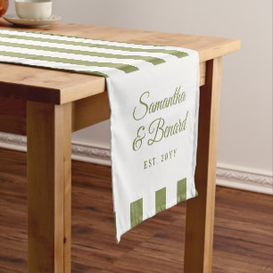 Retro Green White Stripes Personalised Wedding Short Table Runner