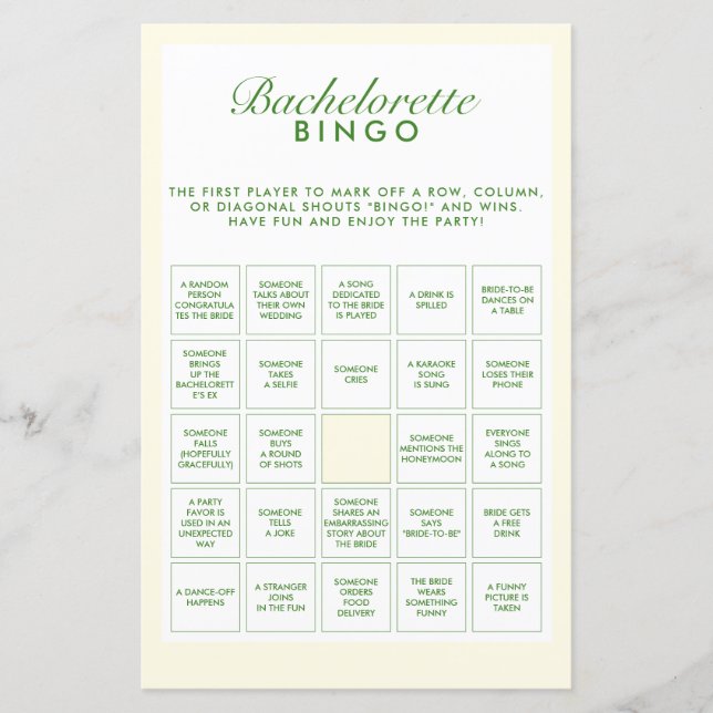 Retro Green & Yellow Bachelorette Bingo Game (Front)