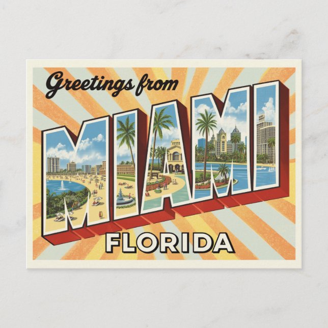 Retro "Greetings from Miami, Florida" Sunburst Postcard (Front)