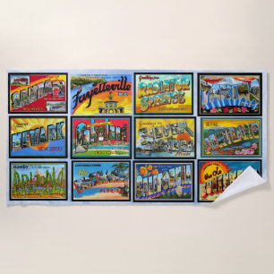 Retro Greetings From USA States Beach Towel