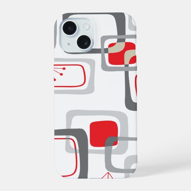 Retro Grey And Red Cherry Squares Cute Mod Pattern iPhone 15 Case (Back)