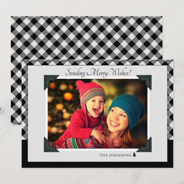 Retro Grey & Black Buffalo Check Christmas Photo Holiday Card (Front/Back)
