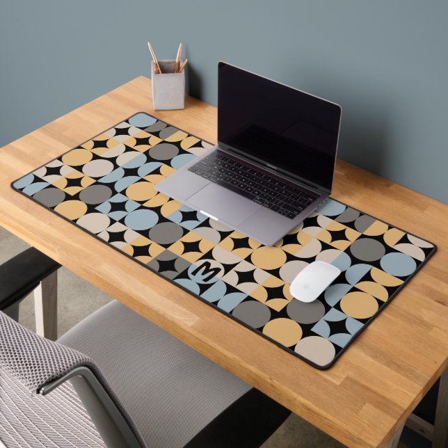 Retro Grey Blue Beige Brown Black Pop Art Pattern Desk Mat (Office 2)