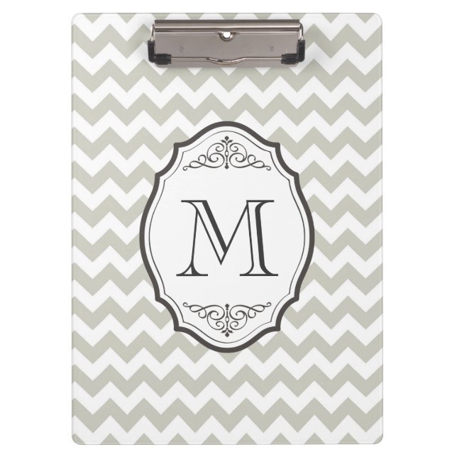 Retro Grey Chevron Monogram with Elegant Frame Clipboard (Front)