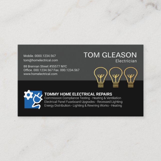 Retro Grey Columns Gold Light Bulb Electrician Business Card (Front)