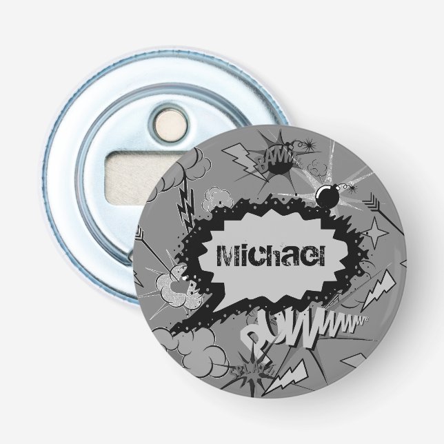 Retro Grey Custom Comic Book Pattern Personalised Bottle Opener (Front)